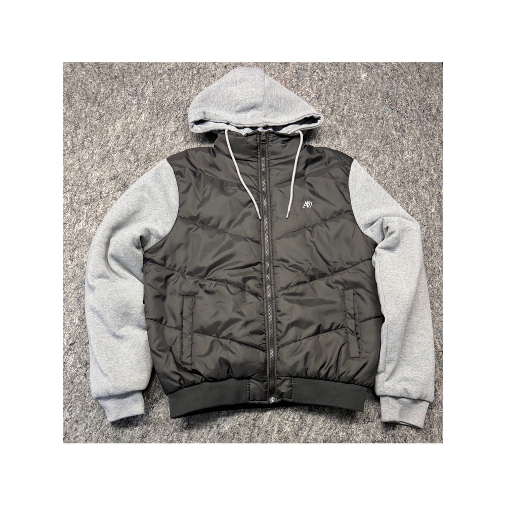 Aeropostale Mens XL Puffer Jacket Black Gray Hooded Mixed Media A87 Full Zip